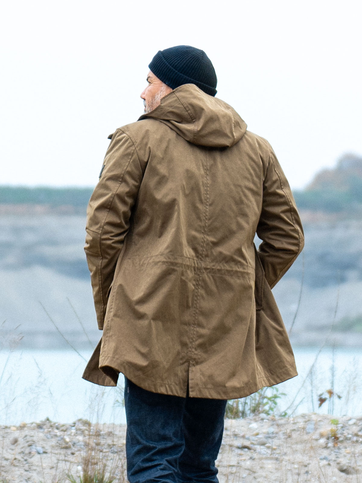 CADUFF Japanese Double-Knit 2-in-1 Winter Parka — Beech, back view showing hood and storm guard; water-repellent, windproof, breathable, versatile winter jacket.