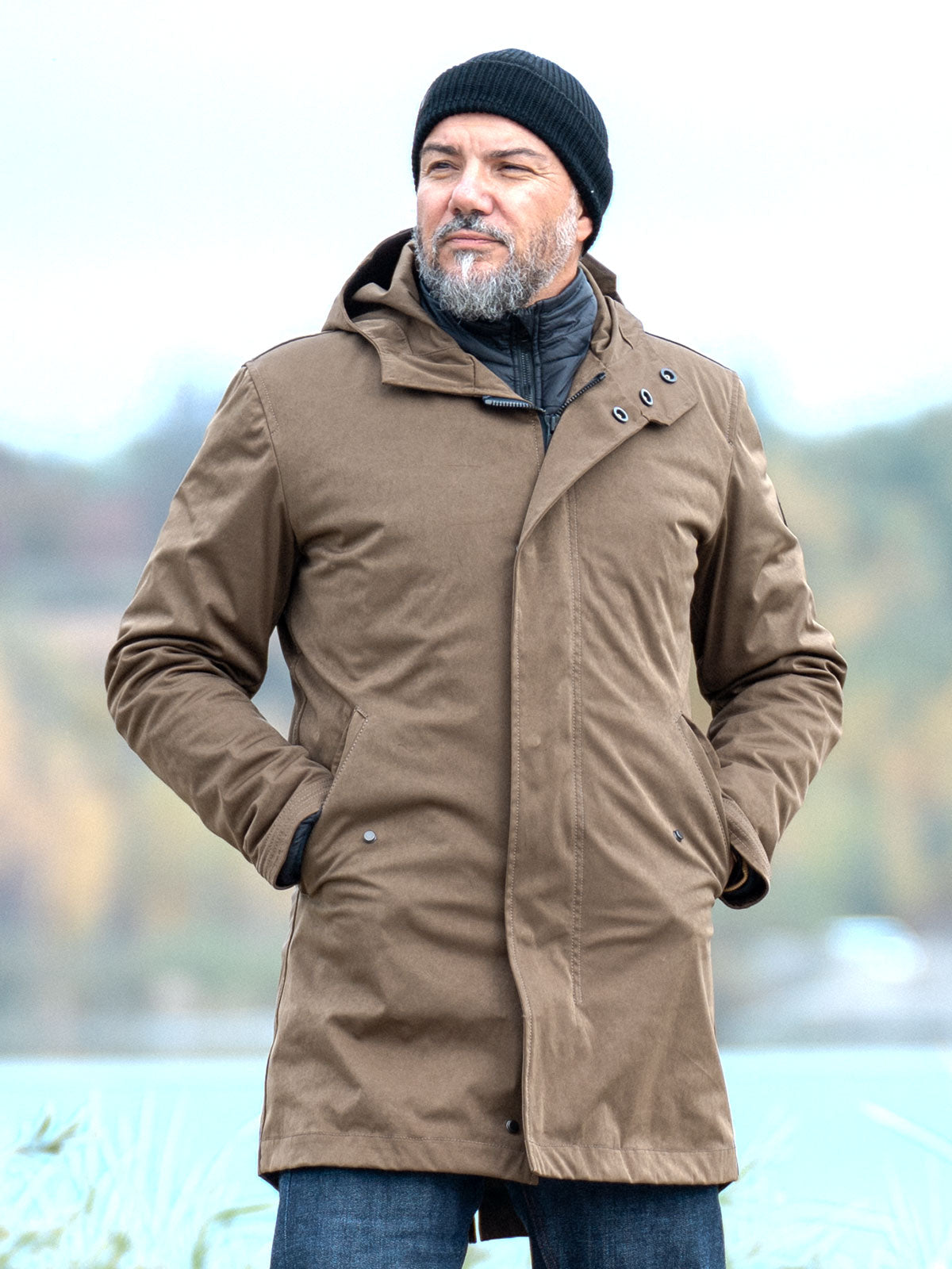 CADUFF Japanese Double-Knit 2-in-1 Winter Parka — Beech, front view with removable ECO DOWN liner; water-repellent, windproof, breathable, versatile winter jacket.