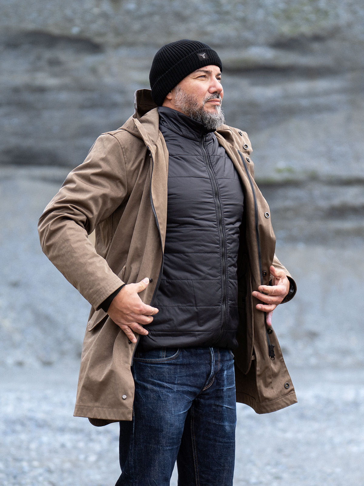 CADUFF Japanese Double-Knit 2-in-1 Winter Parka — Brown, 2-in-1 system with YKK two-way zipper; removable ECO DOWN liner visible.