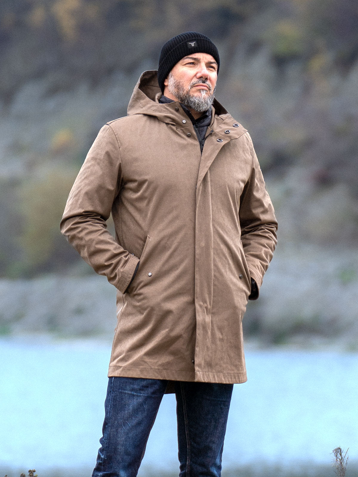 CADUFF Japanese Double-Knit 2-in-1 Winter Parka — Brown, front view with removable ECO DOWN liner; water-repellent, wind-resistant, breathable.