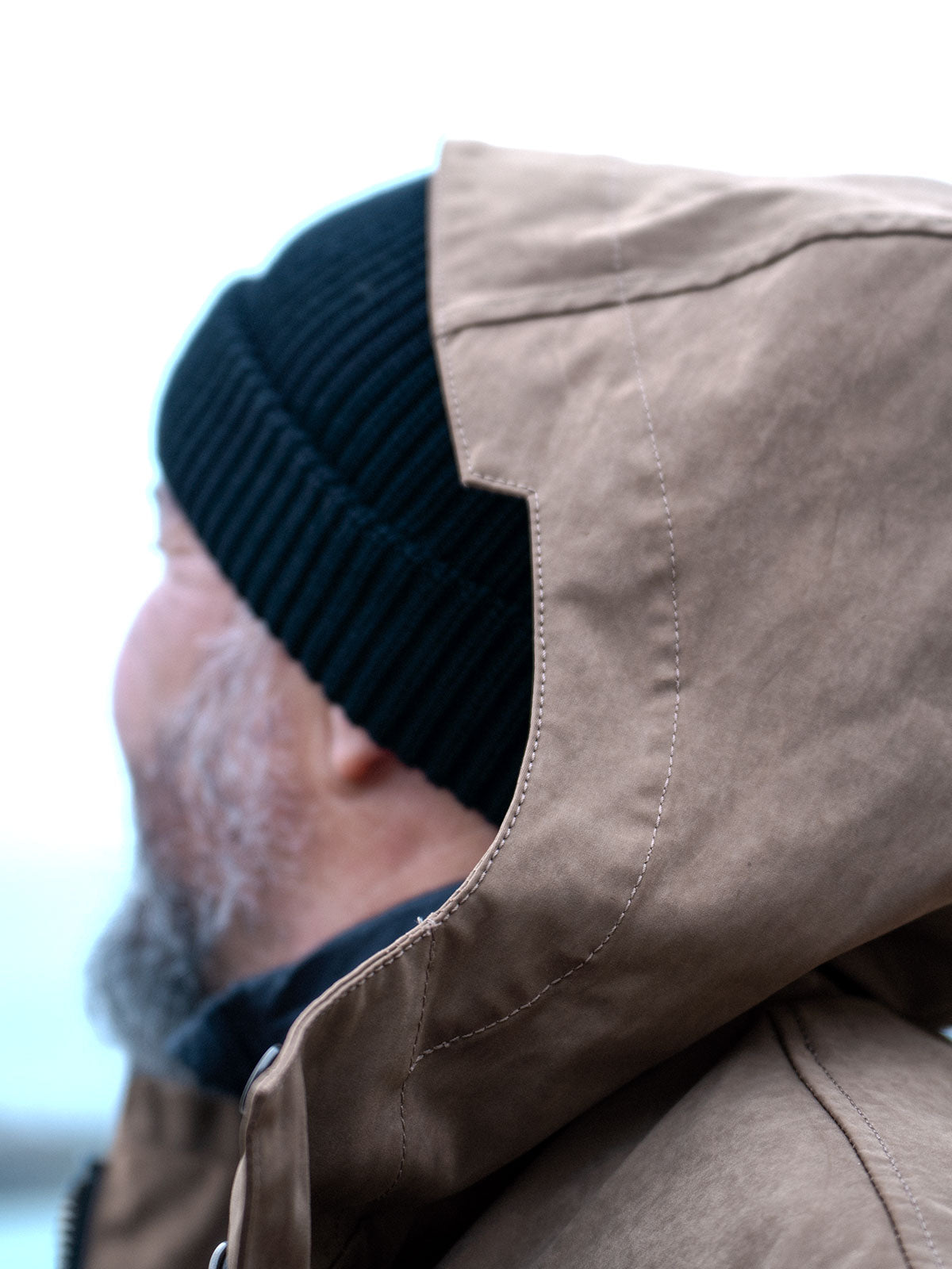 Hood close-up of CADUFF Japanese Double-Knit 2-in-1 Winter Parka — Brown; structured hood with storm guard and premium finish.