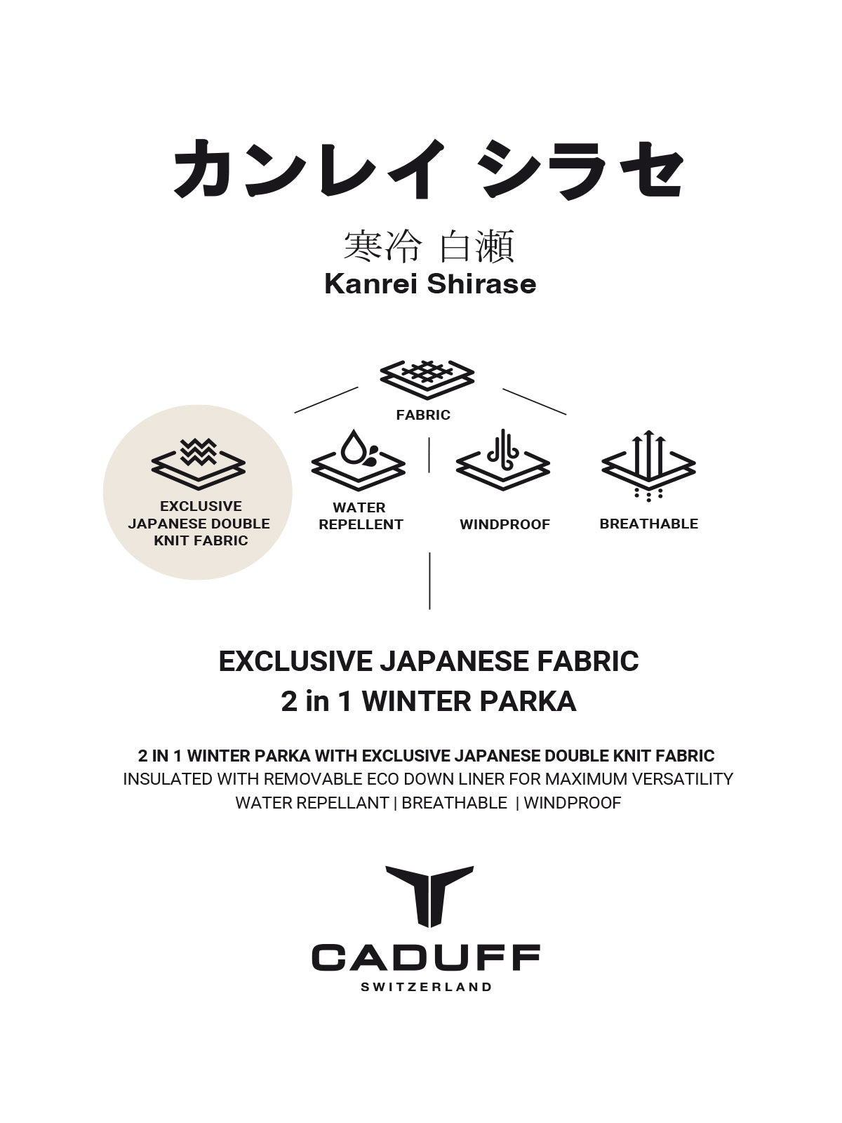 Info card: 2-in-1 Winter Parka with exclusive Japanese double-knit; removable ECO DOWN liner; water-repellent, windproof, breathable.