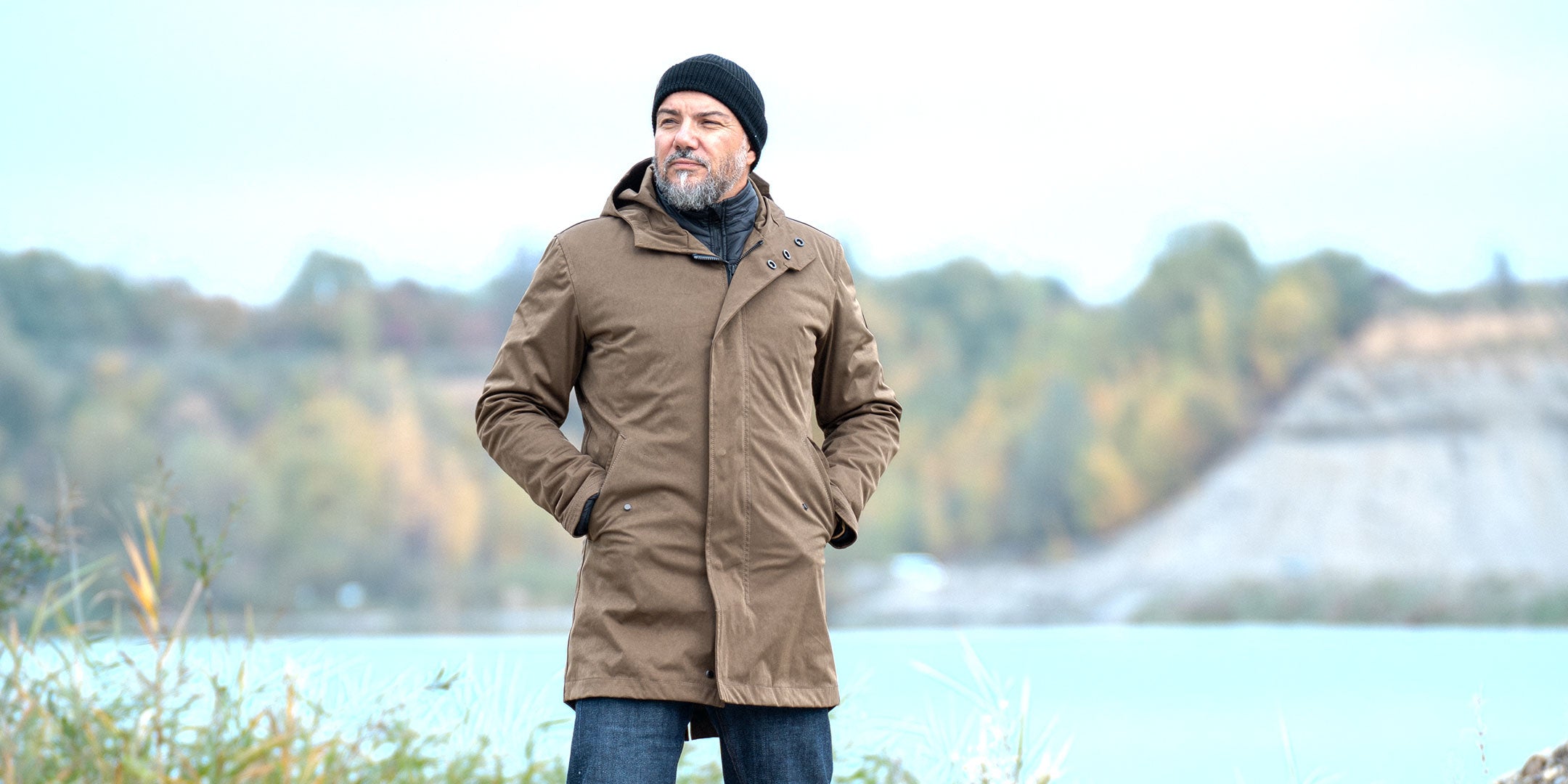 CADUFF Japanese Double-Knit 2-in-1 Winter Parka — Beech, front hero at a winter lake; water-repellent and wind-resistant; removable ECO DOWN liner.