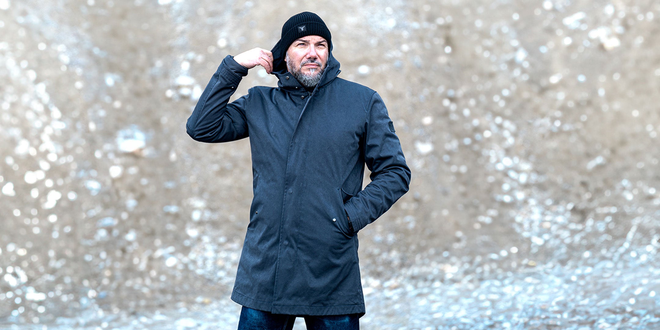 CADUFF Japanese Double-Knit 2-in-1 Winter Parka — Salute Blue, front view in the mountains; water-repellent, wind-resistant, breathable; removable ECO DOWN liner.