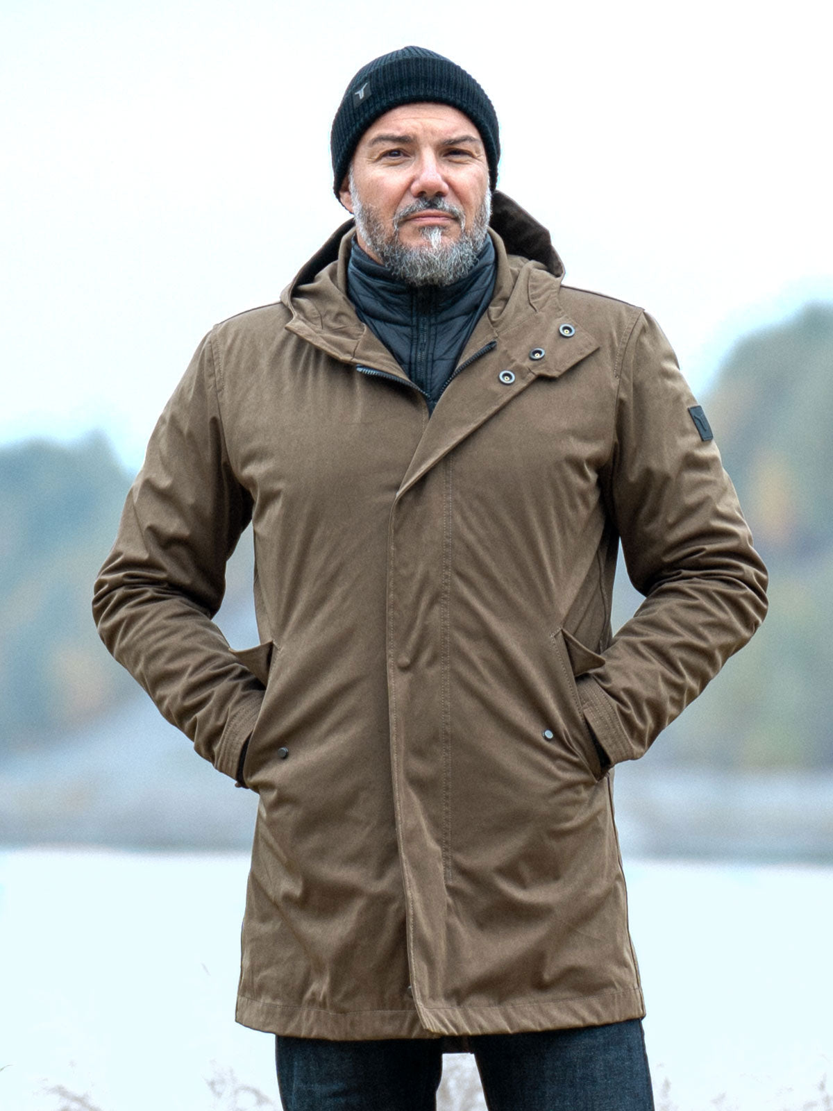 CADUFF Japanese Double-Knit 2-in-1 Winter Parka — Beech Lake, front view with removable ECO DOWN liner; water-repellent, windproof, breathable, versatile winter jacket.
