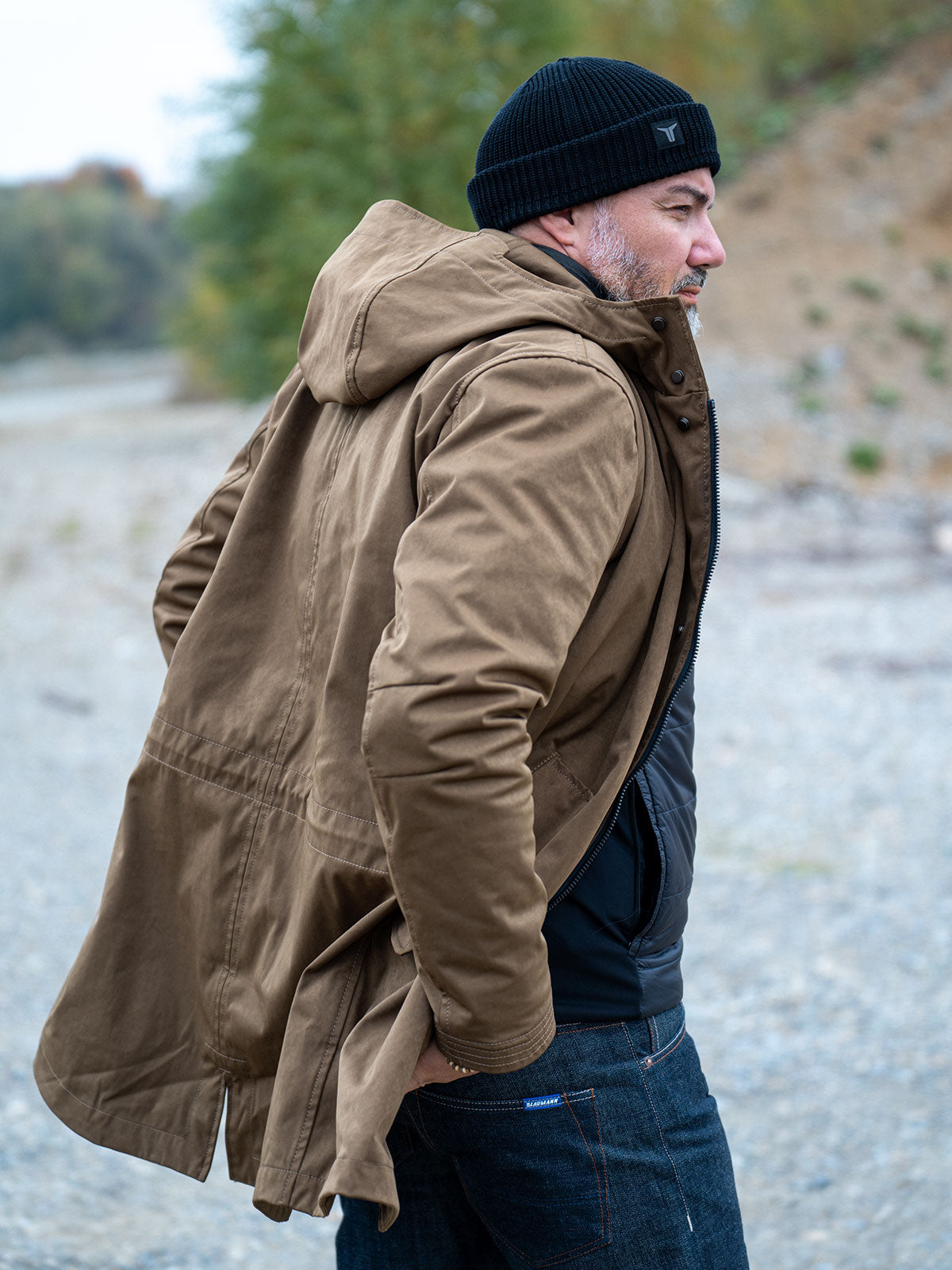 CADUFF Japanese Double-Knit 2-in-1 Winter Parka — Beech, side view with adjustable hood, two-way zipper, and removable ECO DOWN liner for winter versatility.