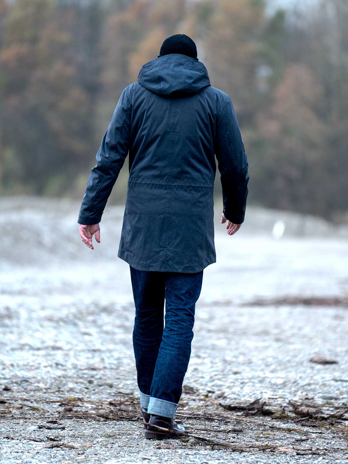 CADUFF Japanese Double-Knit 2-in-1 Winter Parka — Salute Blue, back view with hood and storm guard; water-repellent, wind-resistant, breathable.