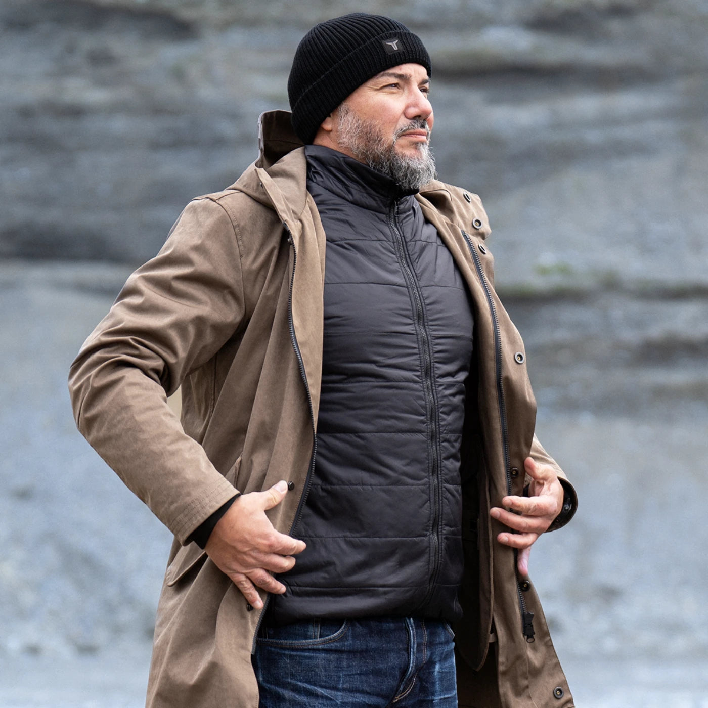 Brown CADUFF Japanese Double-Knit 2-in-1 Winter Parka — ECO DOWN liner for deep-winter warmth (CLO 2.74 ≈ 800 fill-power), made from recycled PET bottles.